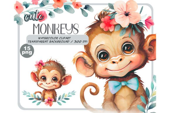Download Watercolor Cute Baby Monkeys with Flower - Monkeys Collection
