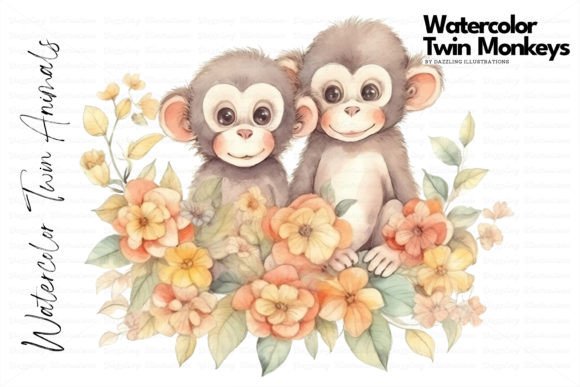 Download Watercolor Twin Monkeys with Flowers - Monkeys Collection
